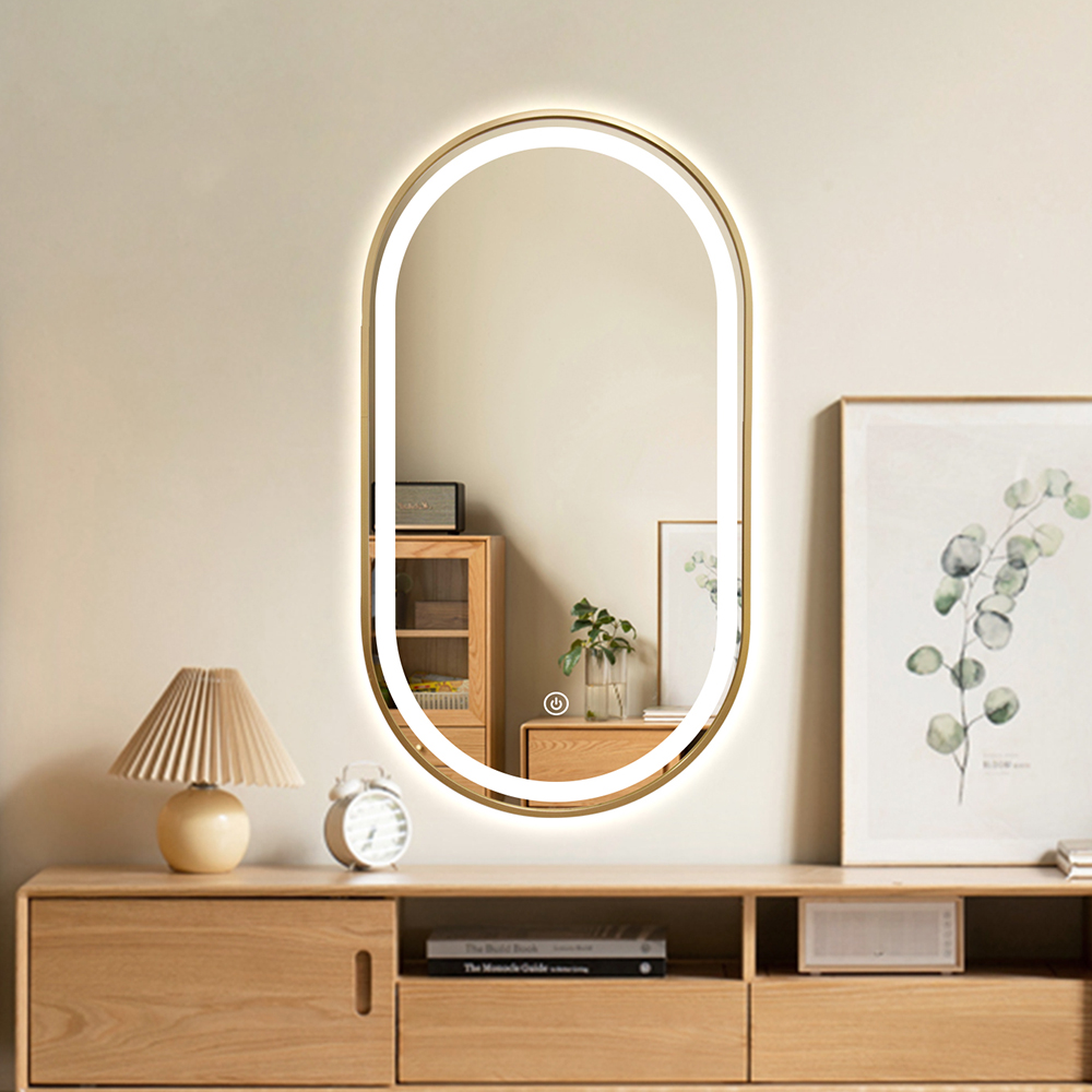 Oval Aluminum Frame LED Bathroom Vanity Mirror for Hotels with One-Touch Defogging & Dimmable Lighting