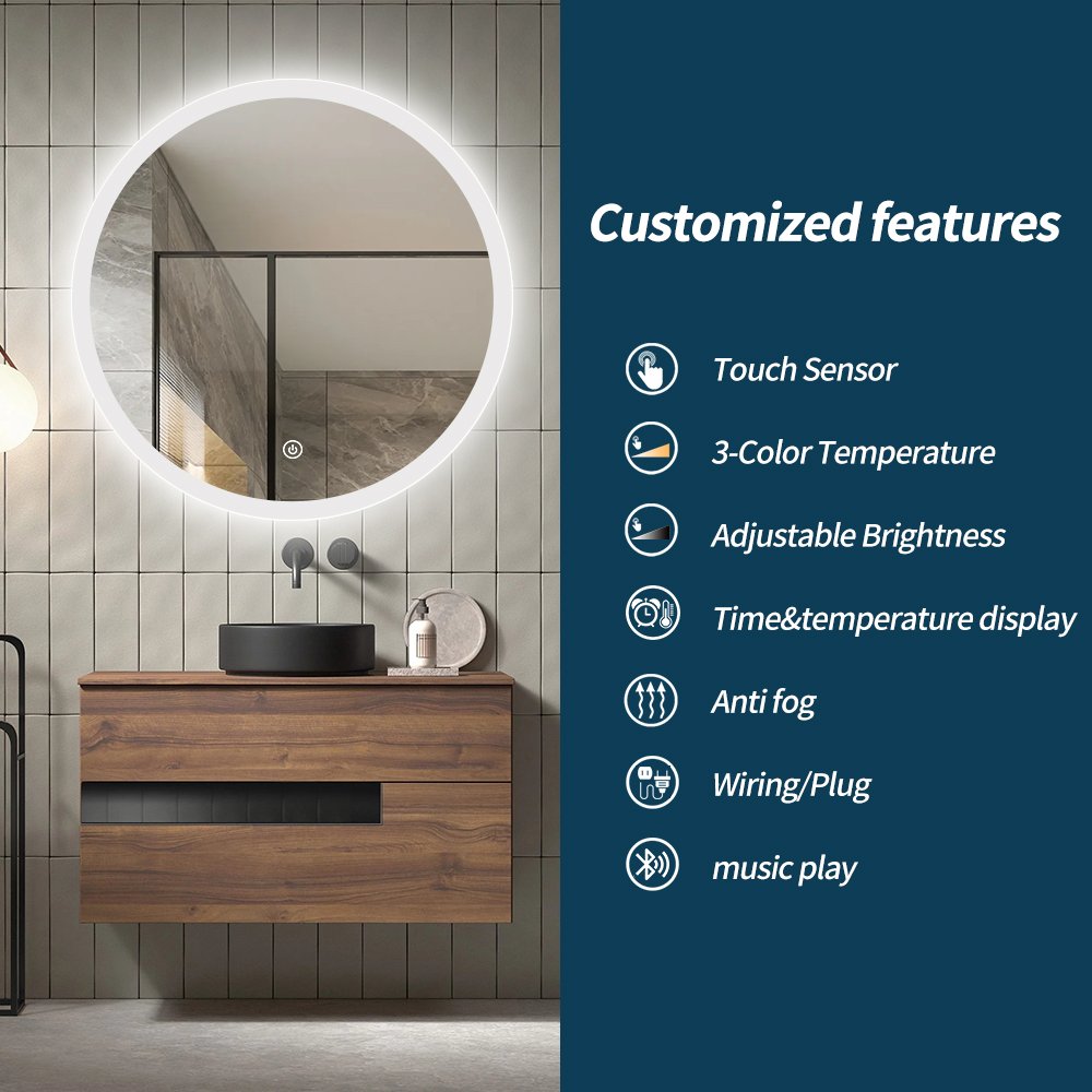 IP44 Round Frosted Edge LED Bathroom Mirror with 3 Color Temperatures