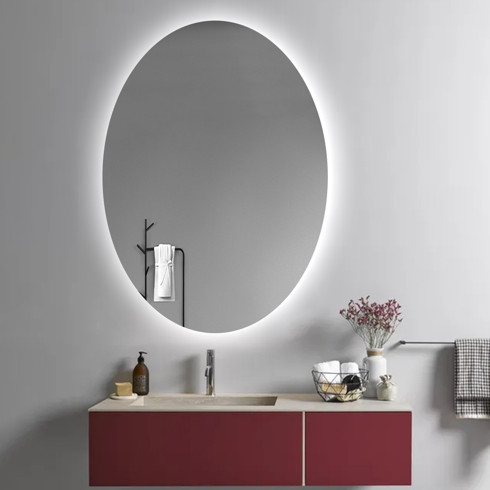 Modern Oval LED Bathroom Mirror with Running Light Strip, Anti-Fog & One-Touch Defogging
