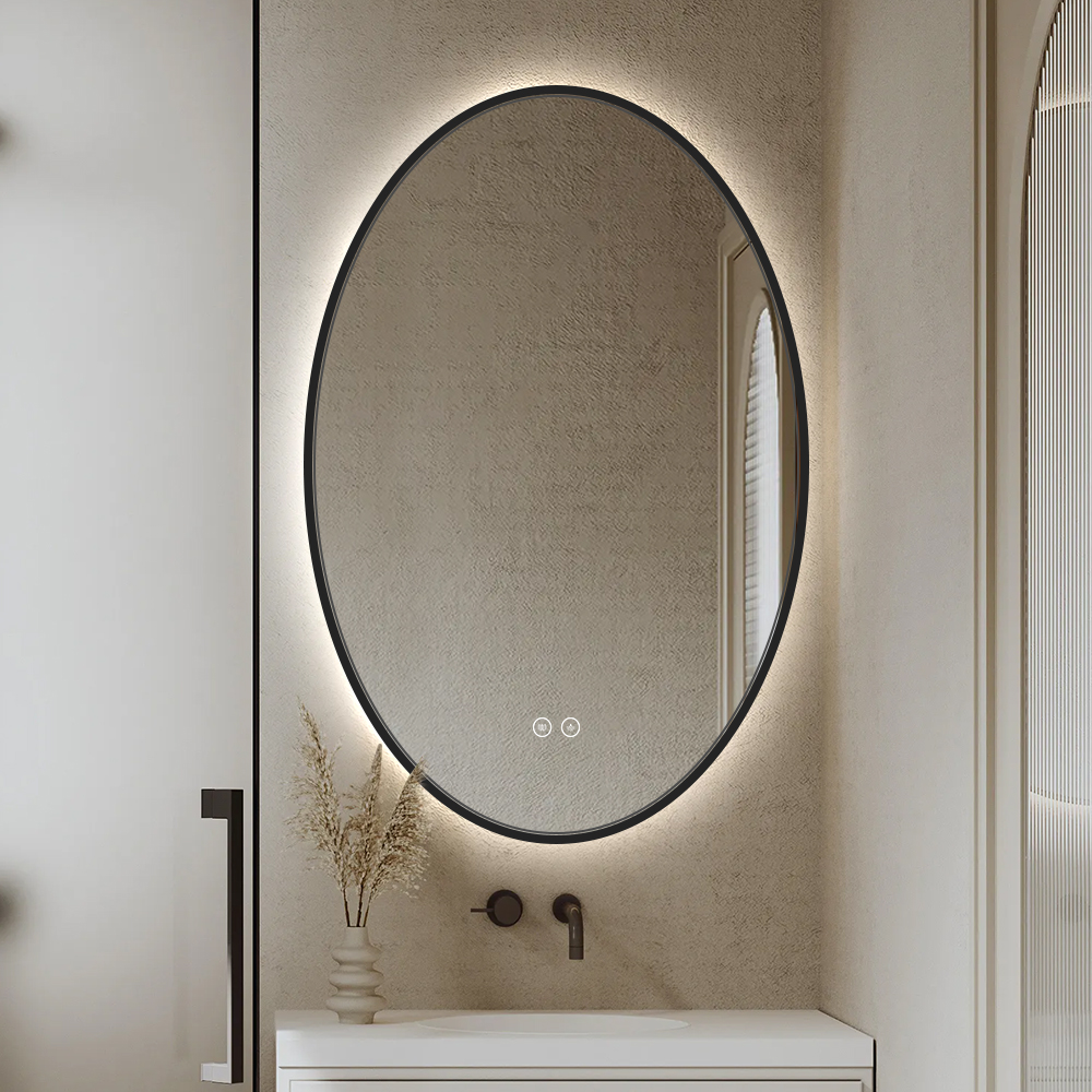 Black Aluminum Frame Oval LED Bathroom Mirror with Dual Touch Switches