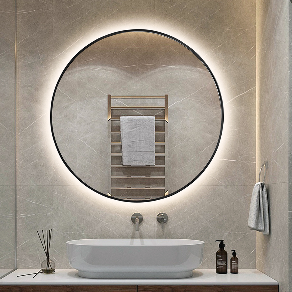 Compact Round Backlit LED Bathroom Mirror with Brushed Aluminum Frame, Dimming & Defogging