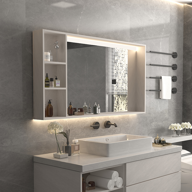 Manufacturer Rectangular Smart Light Color Temperature Adjustable Vanity Mirror Cabinet with Storage