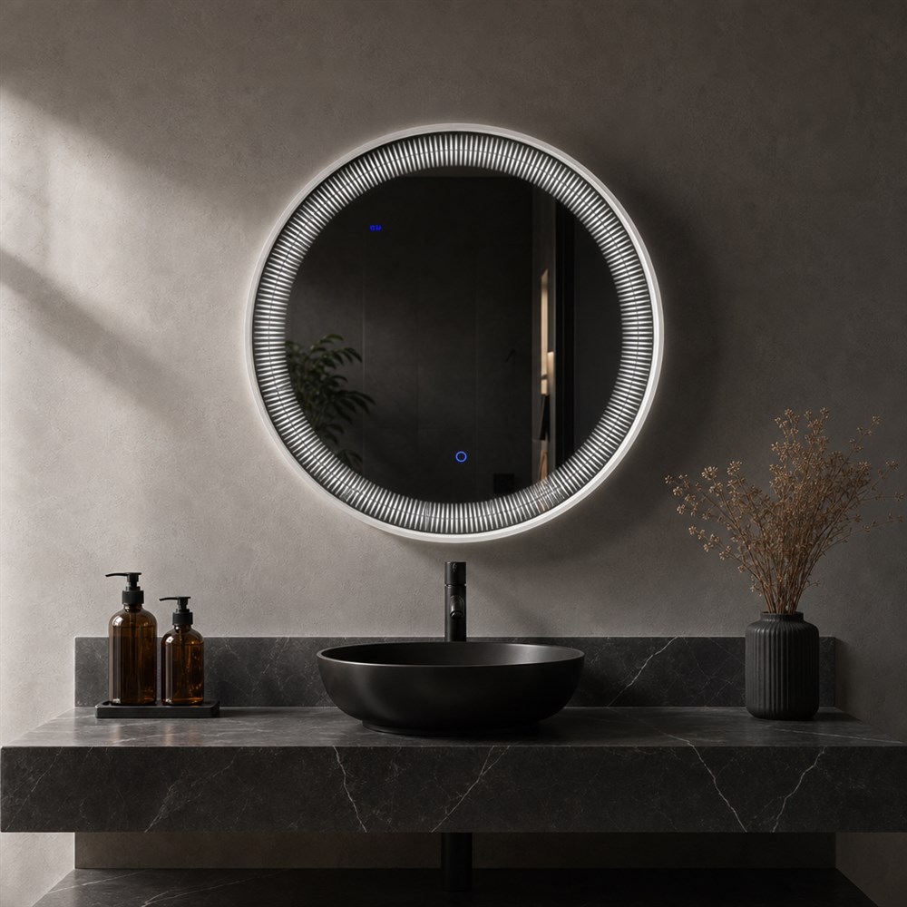 Customizable Round LED Bathroom Vanity Mirror with Layered Aluminum Frame, Dimming & Flexible Sizes