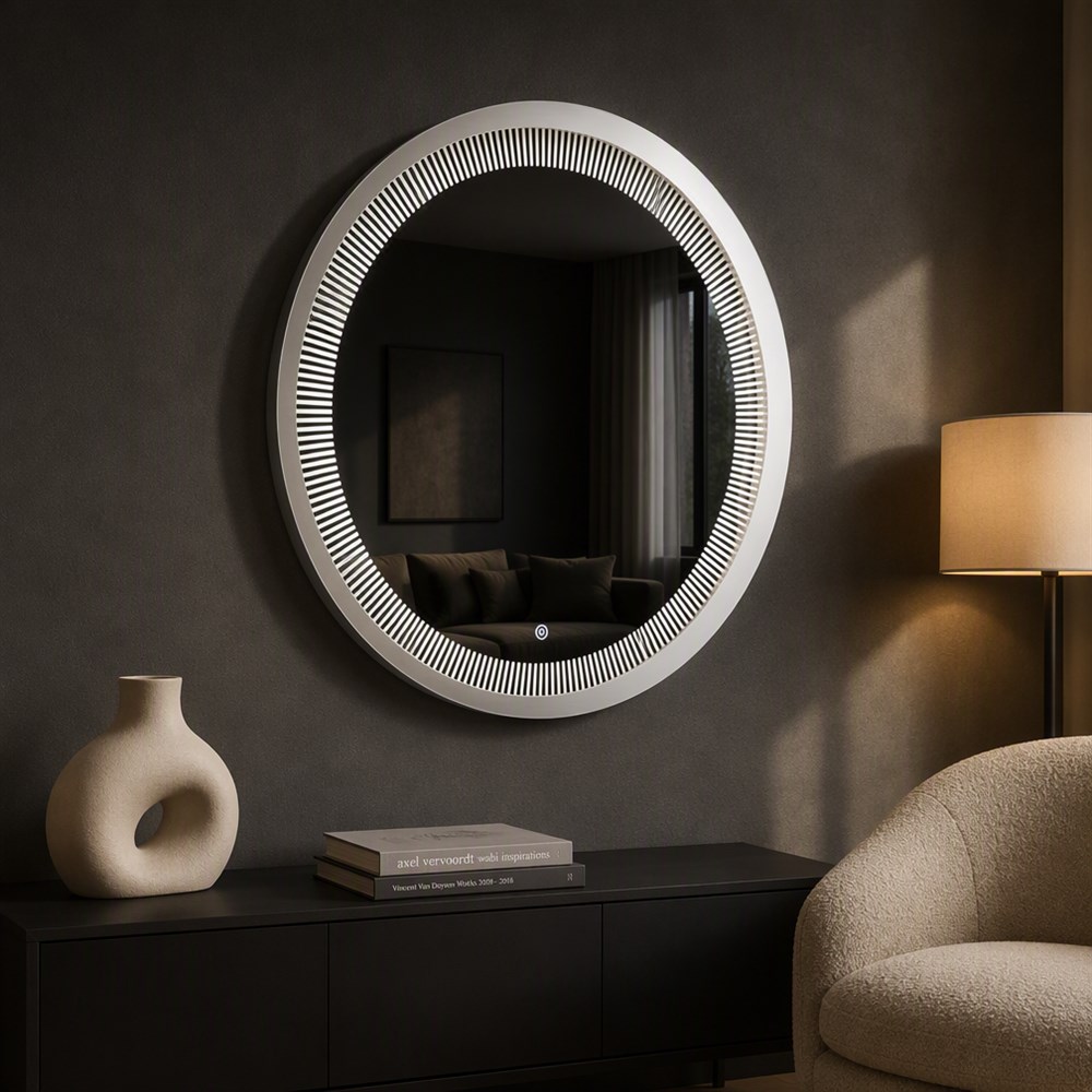 Modern Round Fluted Bezel Aluminum Frame LED Bathroom Mirror with 3-Color Dimming & Touch Control