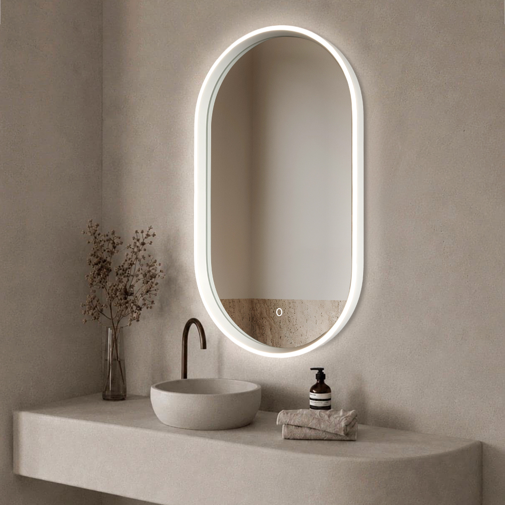 Pill Shaped Front Lit Vanity Wholesale LED Bathroom Mirror with White Aluminium Frame 