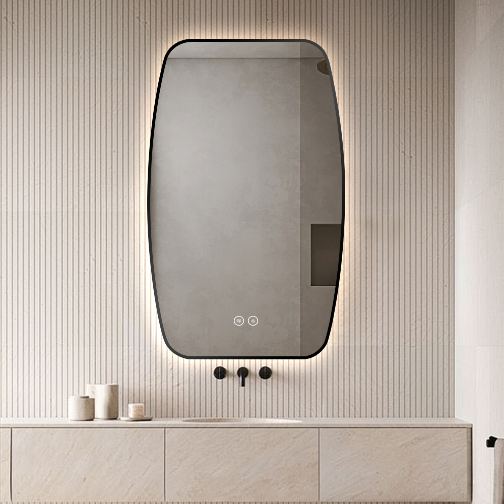 BOLEN Black Aluminum Frame Irregular LED Bathroom Mirror Backlit Touch Sensor Wall Mounted Makeup Mirror for Hotel Apartment Project, Dimmable IP44 IP54 Waterproof 5mm Copper Free Silver Mirror